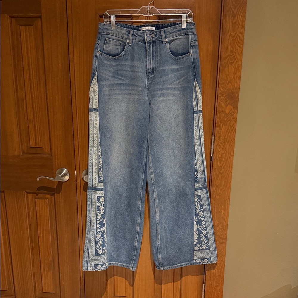 High-Rise Blue Wide Leg Jeans with Bandana Side Panels